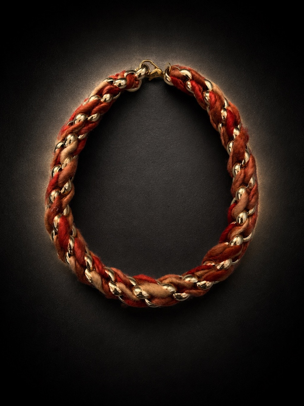 Gold-Chain Braided Necklace in Red and Tan